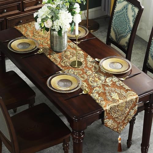 Caramel Table Runners 108 inches Long Vintage French Floral Chenille Cloths - Image 3