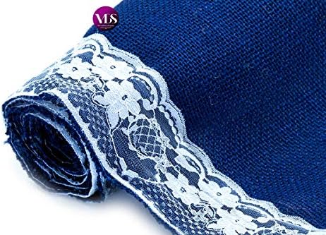 VDS Pack of 5, Burlap Table Runner with White Lace Edge, 100% Natural Jute Rustic Hessian Table Cloth Centerpiece for Wedding Birthday Party Banquet Table Decoration (Size 12X108 Inch)(Royal Blue) - Image 5