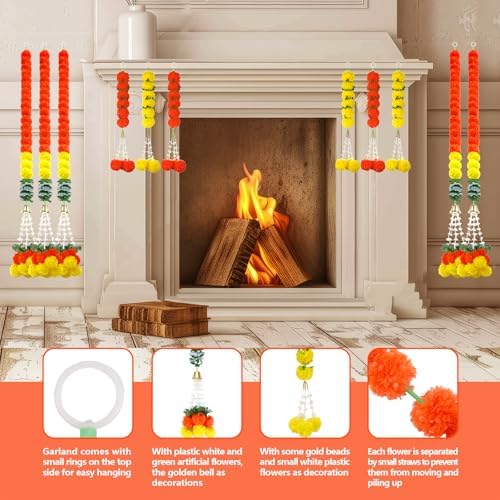 11PCS Diwali Decorations Marigold Garland for Home, Artificial Marigold with Bells and Leaves Long Strands for India Wedding, Pooja Decor, Marigold Flowers for All Year Decoration - Image 3