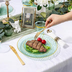 Rubtlamp 700Pcs Green Plastic Plates,Green Gold Plastic Dinnerware Set, Hammered Clear Green Plates with Gold Rim Include 100Dinner Platos,100Cake Platos,100Cups,100Pre Rolled Silverware - Image 3