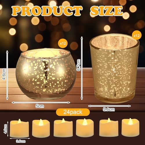 Funnymoom 12 Set Assorted Votive Candle Holders with LED Tea Light Decorative Mercury Glass Votive Tealight Holder Flameless Battery Operated Wedding Centerpieces Bridal Party Table Decoration (Gold) - Image 2