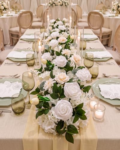 36 Inch Artificial Flower Garland with Chiffon Drape, White Rose and Greenery Floral Runner, Luxury Wedding Centerpieces for Tables, Arch, Aisle, Head Table and Ceremony Decor - Image 2