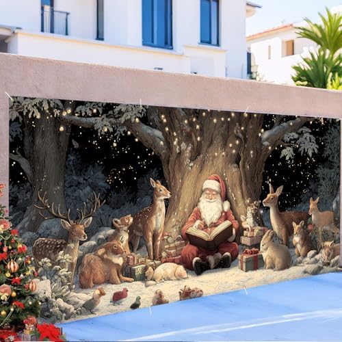 Santa Reading with Woodland Animals Garage Door Banner 6x13FT, Cozy Forest Winter Backdrop, Outdoor Holiday Banner, Garage door Mural for Xmas Party Home Decor - Image 6