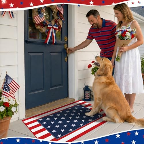 2PCS 4th of July Door Mat Combination, Patriotic Stars and Stripes Front Porch Decor, Independence Day Layered Welcome Mat, Red White and Blue Outdoor Rug for Memorial Day Entryway Decoration - Image 6