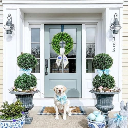 Boxwood Wreath for Front Door Spring Summer Wreaths Farmhouse Hanger,Last Name Initial Year Round Porch Decor,Wreath with Personalized Monogram sash Embroidered Pattern for Multi occasion-20inch (S) - Image 5
