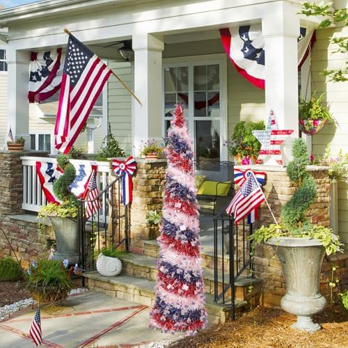4th of July Decorations, 5FT Patriotic Pop up Pencil Collapsible Artificial Tree, for Independence Day Memorial Indoor Outdoor Home Decor, Red Blue White - Image 5