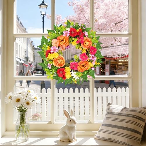 zjlmit 20 Inch Spring Wreath for Front Door, Artificial Silk Flower Wreath on Grapevine Base with Orange Rose-Style Blooms, Multicolor Floral Accents and Greenery, Indoor Wall Entryway Decor - Image 5