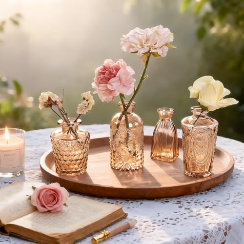 Bud Vases in Bulk 24, Amber Mini Glass Vases for Centerpieces, Vintage Embossed Small Vase for Flowers, Decorative Cute Vase for Wedding Table Decoration, Birthday Party, Baby Shower, Home - Image 4