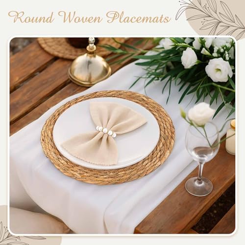 50 Set 13.8 Inch Round Woven Placemats with Pearl & Rhinestone Napkin Rings - Image 5