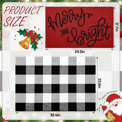 Honoson 2 Pcs Merry Bright Christmas Doormat Red White Buffalo Plaid Decor - Image 2