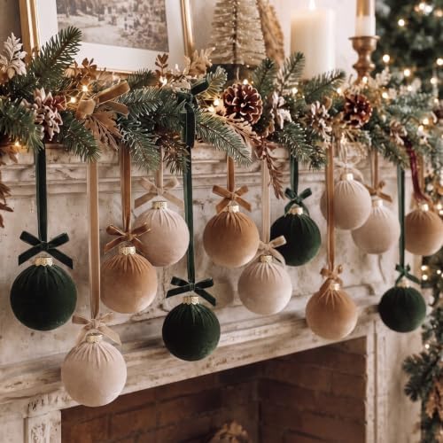 Simgoing 15 Pcs Neutral Velvet Christmas Ball Ornaments 3.15 Inch Brown Green Tan Polka Dot Flocked Xmas Ornaments with 10 Yards Velvet Ribbon Bauble Shatterproof Christmas Decoration for Holiday - Image 5