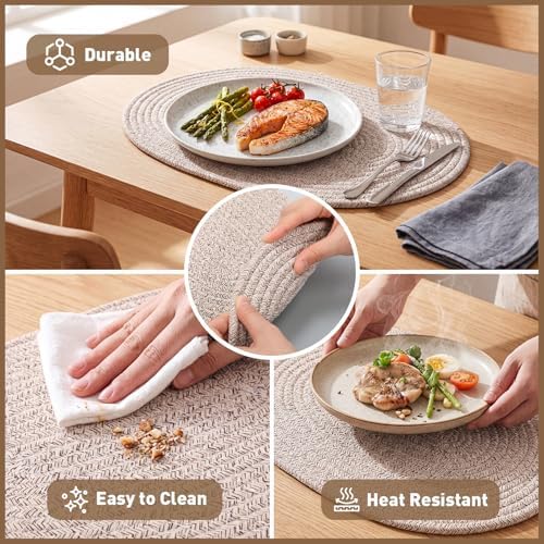 Set of 12 Oval Woven Placemats 16x12 Inch Cotton Rope Plate Chargers Farmhouse Boho Brown Placemats, Washable Non Slip Heat Resistant Table Mats for Kitchen Dining Room Outdoor Patio Decor - Image 3