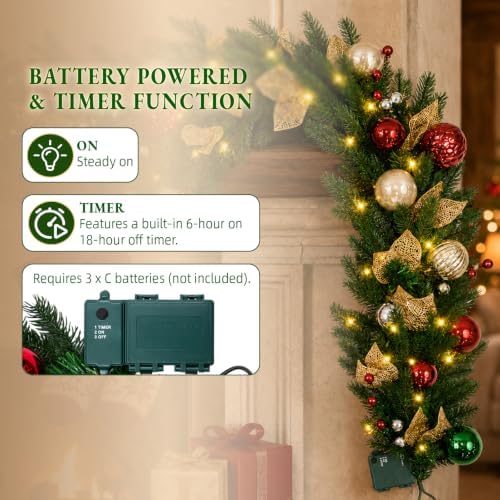 Hykolity 12 FT Pre-Lit Christmas Garland with 100 Warm White LEDs & Timer, Battery Operated Artificial PE & PVC Garland with Multicolor Ornaments and Glittered Gold Leaves for Mantel & Staircase - Image 4