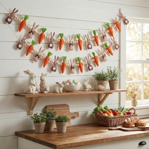 Marsui 2 Pas Easter Garland Felt Bunny Carrot 6 Ft Rabbit Wooden Beads Easter Banner Rustic Fireplace Garland Farmhouse Banner Mantel Decorations for Home Shelf Fireplace Wall Mantle Windows - Image 2