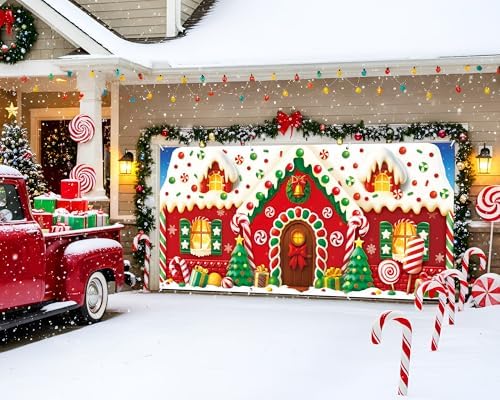 HunnmingRe 16 x 7ft Christmas Garage Door Cover, Gingerbread House - Image 5