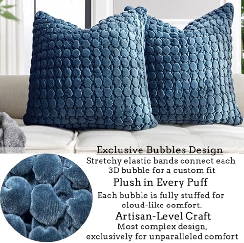 Pillow Covers 24x24 Set of 2 Velvet Euro Shams Decorative Farmhouse Pillowcases Boho Square Cushion Covers Soft Bubble Texture for Couch Sofa Bed Bedroom Car Living Room,Blue - Image 4