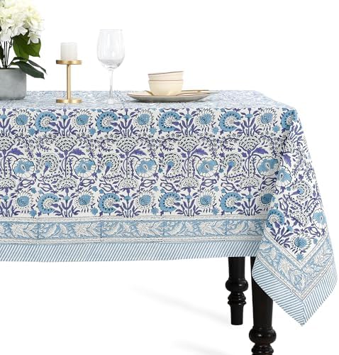 CPC Tablecloth 100% Cotton 70x108 Inch Indian Block Print Rectangle Table Cover, Blue Table Cloth for Weddings, Spring/Summer, Barbeque - Indigo Blue by COTTONPRINTCLUB