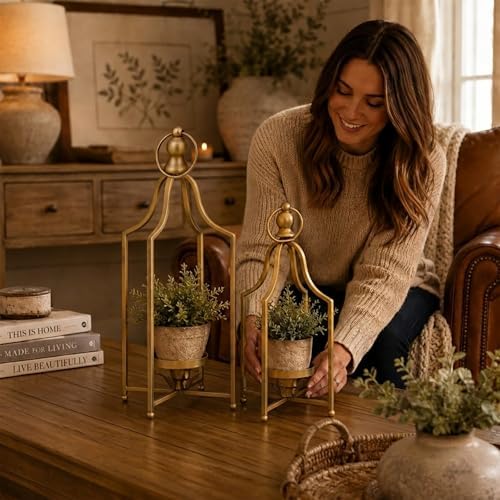 12.5" & 16.5" Timeless Cozy Decorative Lanterns Set of 2, Handcrafted Metal Iron Candle Holders, Farmhouse Elegance Fireplace Mantel Table Festive Gatherings Decor (Antique Gold) - Image 2