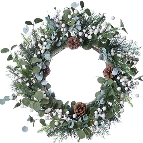 J'FLORU Christmas Wreaths for Front Door 20 Inch Artificial Christmas Wreath White Winter Wreath with Berries Pine Cones Pine Needles for Xmas Winter Holidays by JFLORU