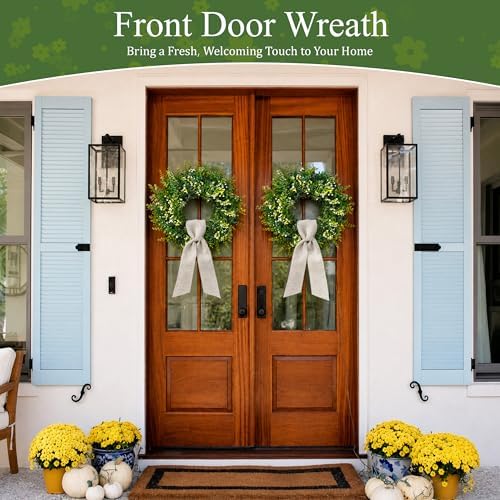 26 Inch Large Artificial Boxwood Wreaths for Front Door All Season, Eucalyptus Wreath with 2 Sashes, Baby's Breath and Flower Buds, Summer Farmhouse Greenery Decor for Outdoor, Porch, Home - Image 4