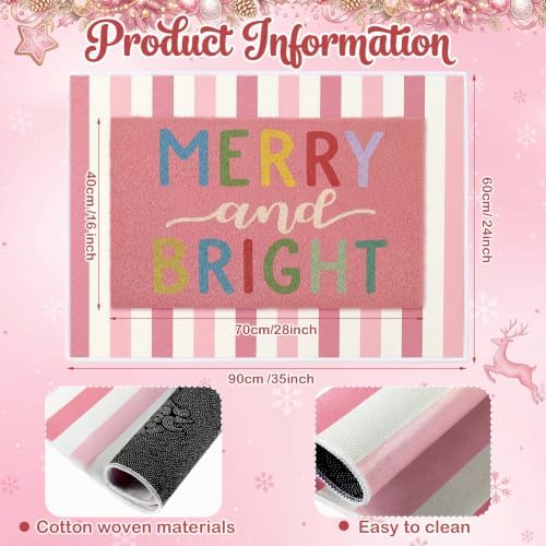 Moucuny 2 Pcs Christmas Door Mat Outdoor, Pink Merry and Bright, Non Slip - Image 2