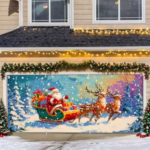 Christmas Garage Door Banner – Santa Claus with Sleigh & Reindeer Outdoor Decoration – 13×6 ft Holiday Garage Cover for Home, Yard, Party Decor by THISFIND