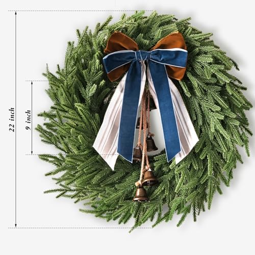 Christmas Decor, 22" Norfolk Pine Christmas Wreath with Bells and Ribbon - Image 2