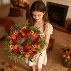 Artificial Fall Wreath for Front Door, 23 Inch Autumn Wreaths with Sunflowers, Eucalyptus Leaves for Indoor Outdoor Home Front Door Wall Window Decor Festival Celebration - Image 5