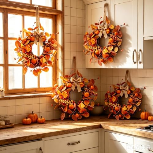 6 Pcs Small Fall Hanging Wreaths with Artificial Autumn Eucalyptus Leaves Mini Pumpkins Berry Clusters Burlap Ribbon Mini Cabinet Wreath for Home Kitchen Farmhouse Thanksgiving Harvest Party Decor - Image 3
