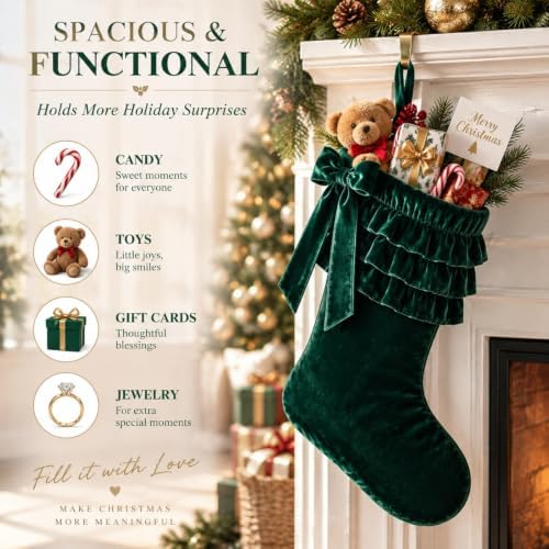 Thenshop 4 Pairs Christmas Hunter Green Velvet Bow Stockings - Image 4