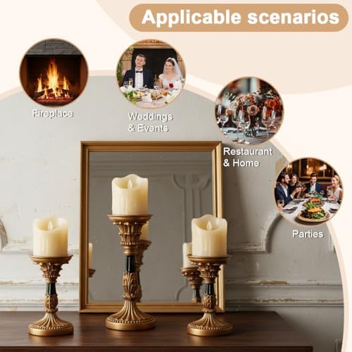 Vintage Candle Holders Set of 3 – Hand-Painted Resin Pillar Candle Stands – Antique Gold Decorative Candle Holder Set for Table Centerpiece, Mantel, Wedding, and Home Decor - Image 5