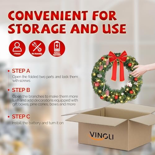 VINGLI 24 Inch Christmas Wreath Prelit Front Door Battery LED Decor Green - Image 3