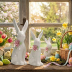 FoldTier 3 Pcs Easter Ceramic Bunny Tabletop Figurine Decor Rabbit with Flower Sculpture Table Centerpiece Decoration Tabletop Decorative for Spring Easter Home Indoor Decor Holiday Party Supplies by FoldTier
