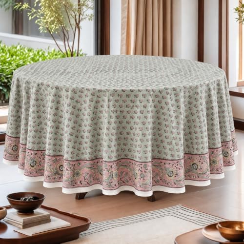 Ridhi Hand Block Print Round Tablecloth Swamp Green 110 Inch 100% Cotton by Ridhi