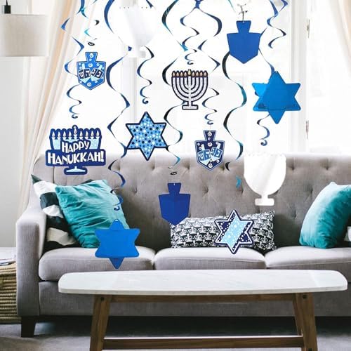 The Dreidel Company Hanukkah Swirl Decorations, Includes 12 Swirls with Foil Hanukkah Cutouts 24" and Swirls Alone Hang 18" Long (6-Pack) by TheDreidelCompany