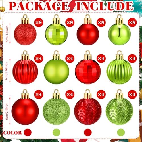 Lunmon 64 Pcs Lime Green and Red Christmas Ball Ornament Green Xmas Bulbs - Image 4