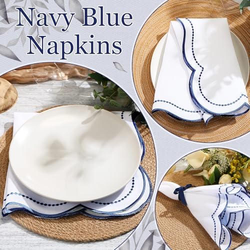 Hahafelt 12 Set Scalloped Cloth Napkins, Embroidery Polyester, Navy Blue - Image 3