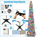 Aoriher 5 ft Pre-lit Pop up Silver Christmas Tinsel Tree Decor Reusable Collapsible Artificial Sequins Slim Pencil Tree with Colorful String Lights for Holiday Party Home Indoor Outdoor - Image 4