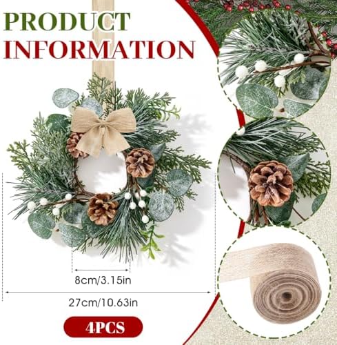 4 Pcs Mini Christmas Wreaths for Kitchen Cabinet Front Door with Bow - Image 3