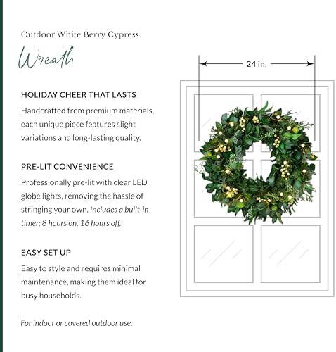Balsam Hill Outdoor White Berry Cypress Christmas Wreath - Bright & Beautiful Front Door Wreath with Battery-Powered LED Globe Lights, 24" - Image 3