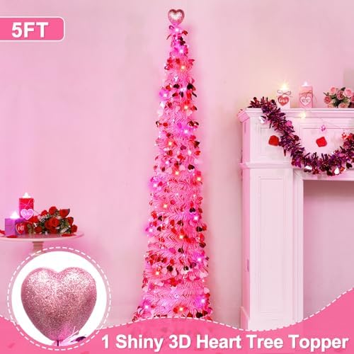 Valentines Day Decorations 5Ft Pink Valentines Christmas Tree with Lights Timer Battery Operated Pop Up Artificial Tree with Heart Ornaments, Heart Topper Decorations for Indoor Home Outdoor Office - Image 4