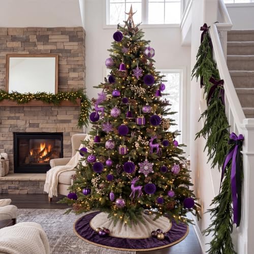XmasExp 36PCS Velvet Christmas Ornaments Set Mixed Flocked Balls Ornaments Shatterproof Christmas Tree Decorations for Holiday,Party,Home（Purple） - Image 7