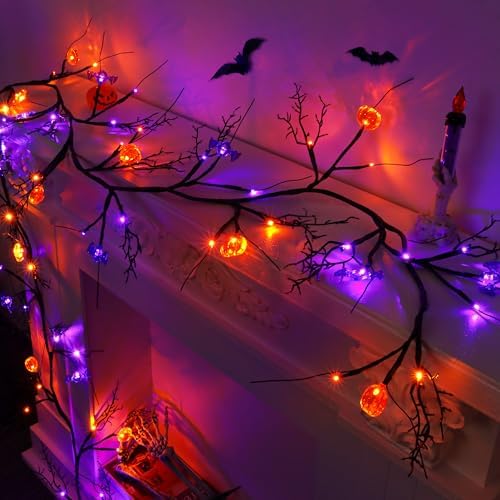 9FT 72 LED Halloween Garland with Lights Lighted Black Willow Vine Decorations with 12 Pumpkin & 12 Bat Light, 8 Modes Battery Operated Halloween Lights Indoor Spooky Decor for Fireplace Mantel Wall - Image 5