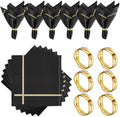 VIJIV 12 Pack Bling Satin Cloth Napkins & Gold Napkin Rings Set of 6 Black by VIJIV