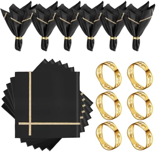 VIJIV 12 Pack Bling Satin Cloth Napkins & Gold Napkin Rings Set of 6 Black by VIJIV