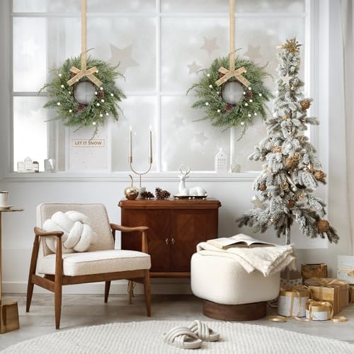 24 PCS Christmas Wreath Christmas Kitchen Cabinet Wreaths with Burlap Ribbon Mini Wreath Pine Garland Frosted Cedar Pine Cone Hanging Garlands Candle Rings for Front Door Window Chair Wall - Image 4