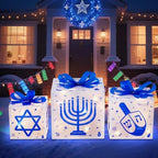 Domkom Set of 3 Hanukkah Lighted Gift Boxes,60 Led Light Up Present Box Decorations with Dreidel Menorah, White and Blue Chanukah Gift Boxes for Christmas Tree Indoor Outdoor Holiday Decor - Image 2