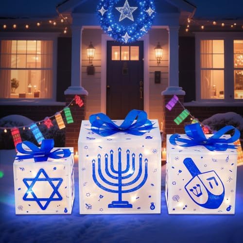 Domkom Set of 3 Hanukkah Lighted Gift Boxes,60 Led Light Up Present Box Decorations with Dreidel Menorah, White and Blue Chanukah Gift Boxes for Christmas Tree Indoor Outdoor Holiday Decor - Image 2