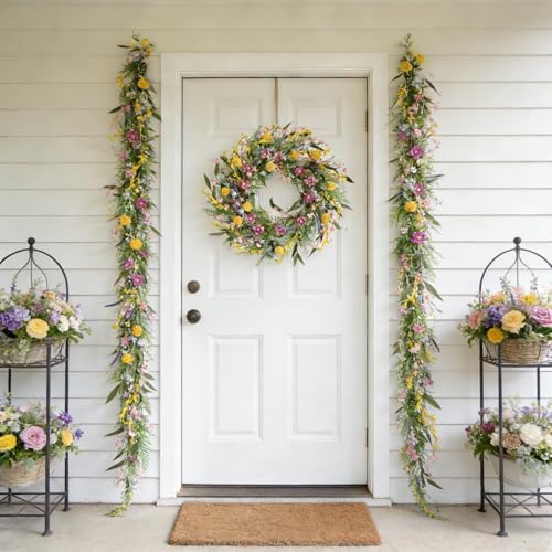 70-Inch Spring Summer Flower Garland for Mantle, Floral Garland with Colorful Wildflowers, Forsythia & Lavender Flowers for Decor, All Year Round Artificial Flower Garlands for Home Decor - Image 4