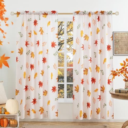 youleyar Fall Curtains for Living Room, 72 Inch Length Rod Pocket Thanksgiving Curtian Panels, Autumn Falling Maple Leaves Window Drapes for Bedroom Dining Room Drapes, 52" W x 72" L - Image 2